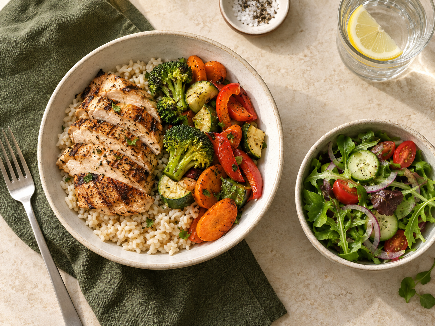 Rice, grilled chicken and vegetables with a side salad on an everyday table
